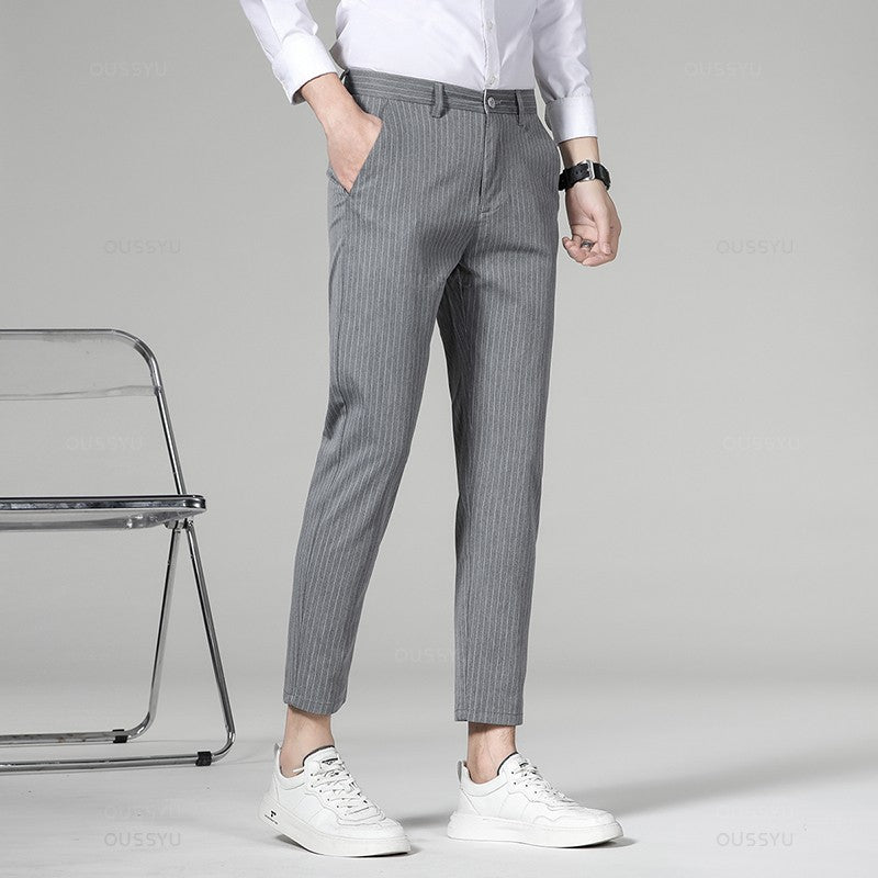 High Quality Plaid Stripe Ankle Length Pants Men Business Long Length Pant Straight Korea Grey Black Suit Formal Trousers Male