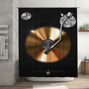 Vintage Vinyl Shower Curtain Turntable Print Gold Record Bath Decor Luxurious Bathroom Accessories for Home Decoration Waterproo