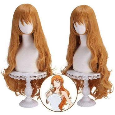 Synthetic Long Orange Wavy Cosplay Wig - Heat Resistant Anime Party Hair (Nami-Inspired Style)
