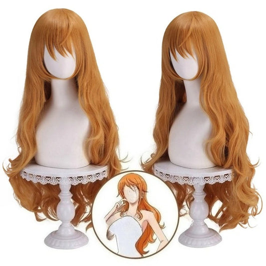 Synthetic Long Orange Wavy Cosplay Wig - Heat Resistant Anime Party Hair (Nami-Inspired Style)