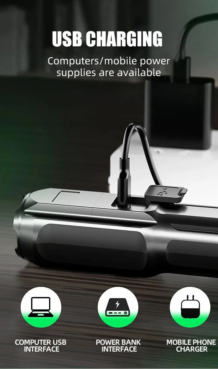 LED Camping Torch Flashlight High Power Rechargeable USB Spotlight Zoom Lantern Built-in Battery For Fishing Outdoor Waterproof