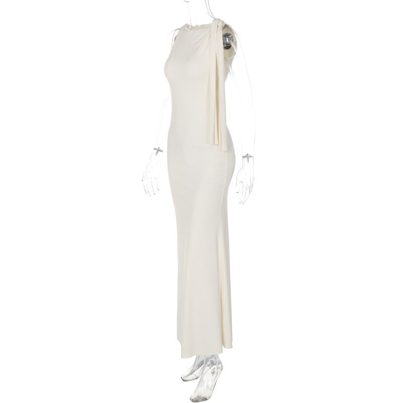 Hugcitar Fashion Solid O Neck Sleeveless Patchwork Sexy Bodycon Maxi Prom Dress