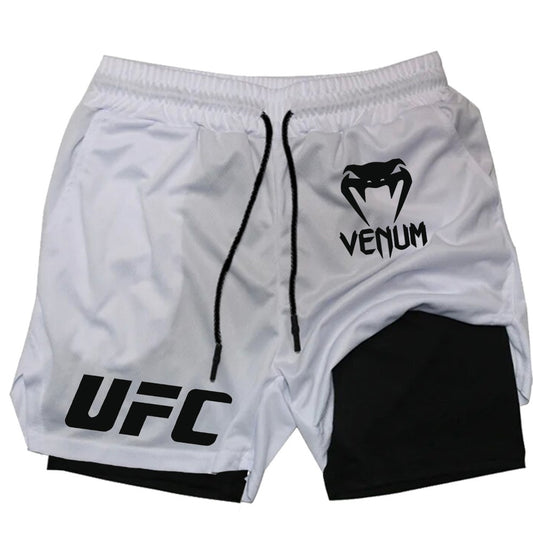 Men's UFC Printed Quick-Dry Double-Layer Sports Shorts, Breathable Tennis Training Shorts