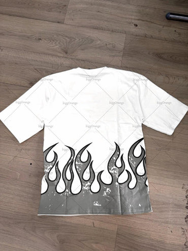 High Street Trendy Clothing Retro Fashion Flame Harajuku Oversized T-shirt Men Street Hip-hop Casual Loose Short Sleeve Women