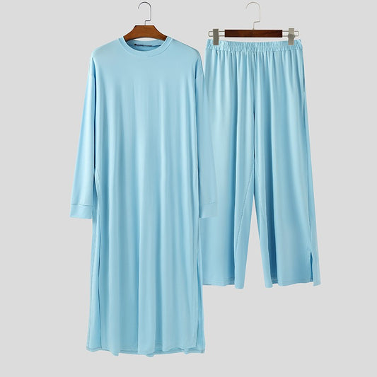 INCERUN Men Sets Solid Color Long Sleeve Long Style T Shirt & Pants Two Pieces Sets Loose Streetwear Fashion Casual Men Suits