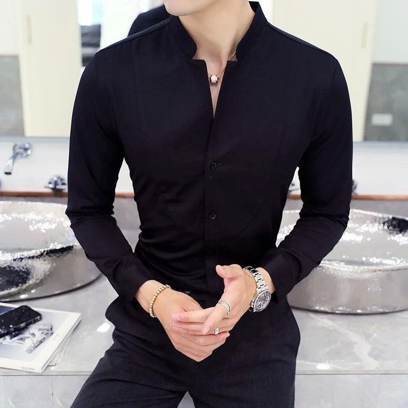 Mens Long Sleeve Shirt Autumn High Quality Stand Collar Casual Slim Solid Color Shirt Oversized Size 5XL Fashion Men Clothing