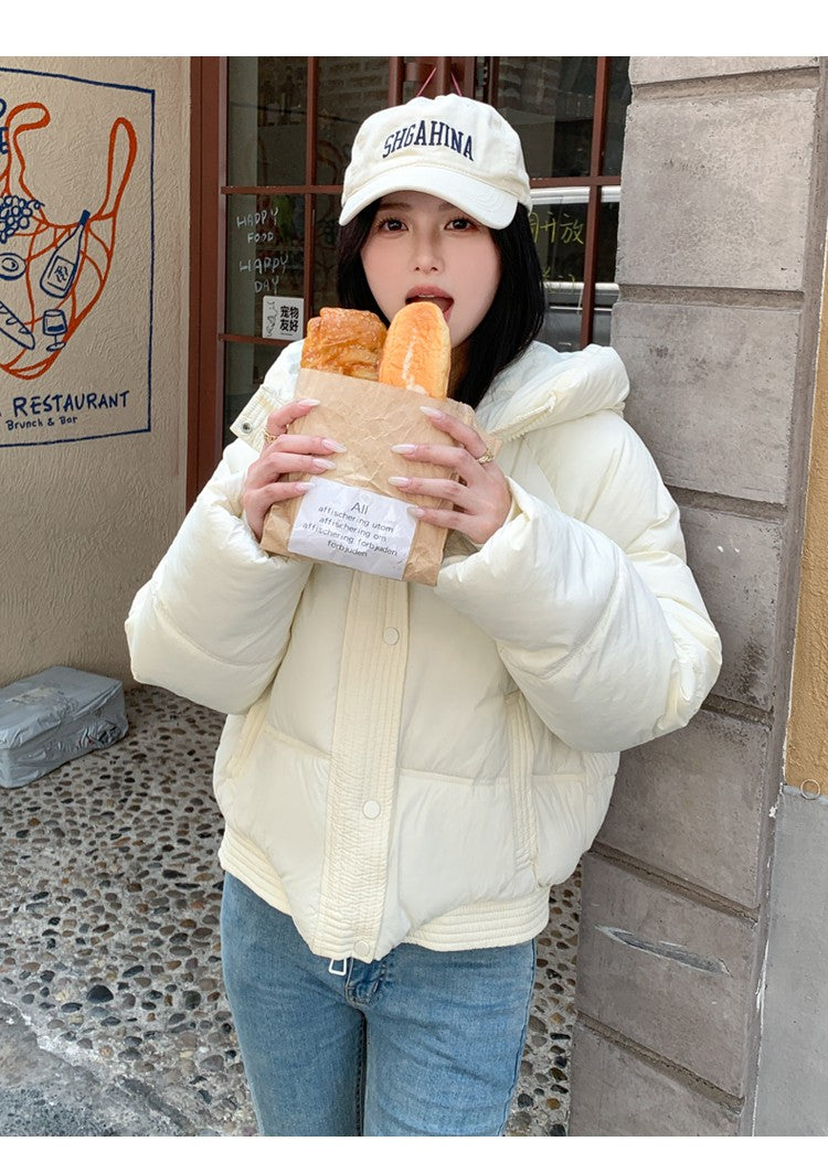 Korean Winter Women Black Beige Hood Zipper Down Jacket Ladies Blue Single Breasted Short Warm Thick Bread Coat Streetwear Trend
