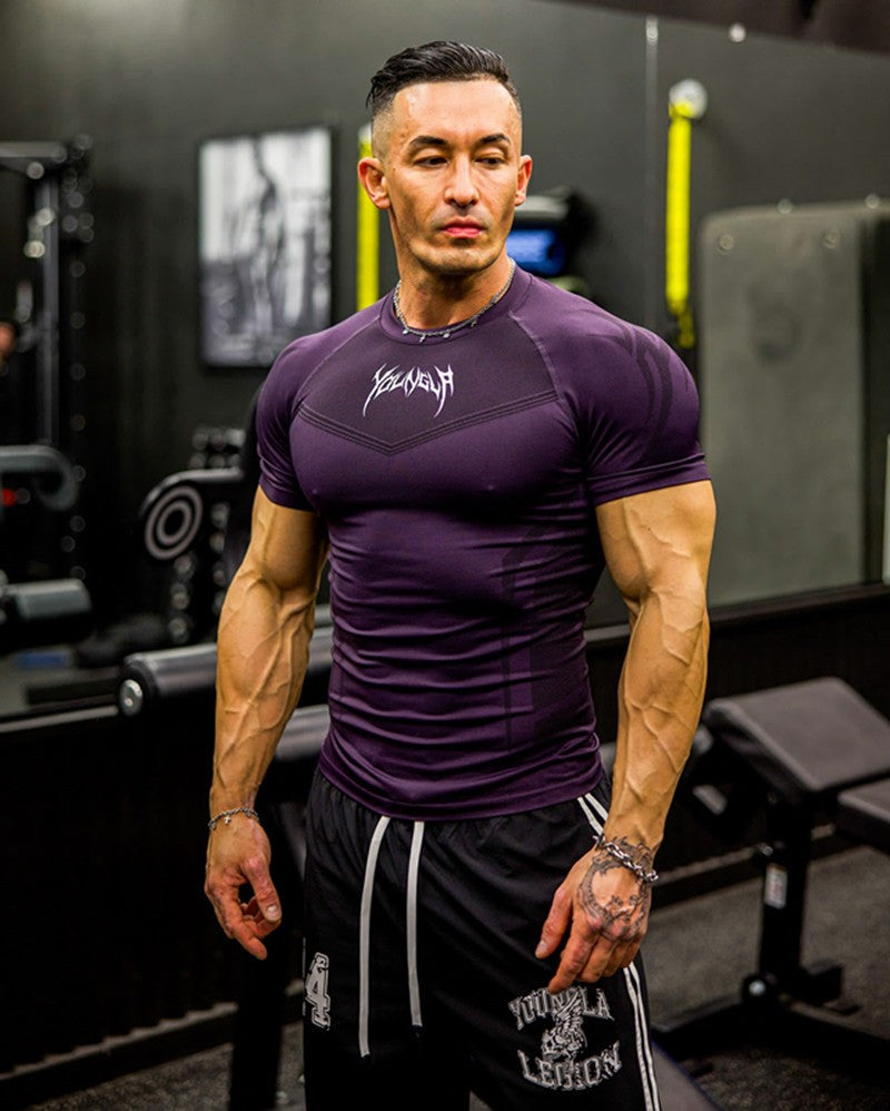 New YOUNG LA Men's Fitness Sports T-shirt Tights Men High Elastic Training Clothing Short Sleeve Tops Fitness Thirts For Men