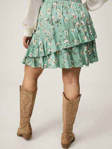 Plus Size Mint Floral Skirt Women's Pink Ruffle Hem Summer Style Free Shipping