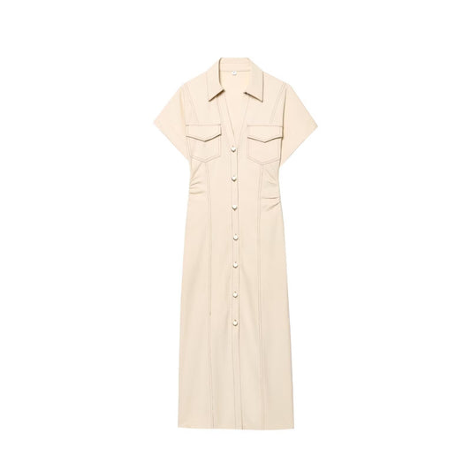 ETJ 2025 summer new TRAF women's elegant fashion waist pleated V-neck short-slee