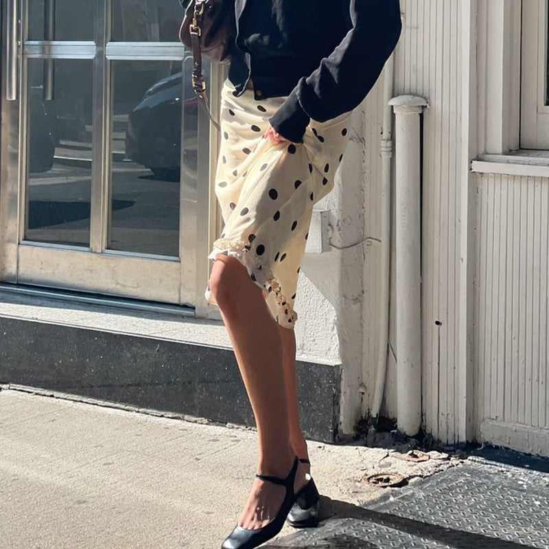 BIIKPIIK Casual Women Polka Dot Skirts Lettuce Trim Beige Elegant Midi Skirts St