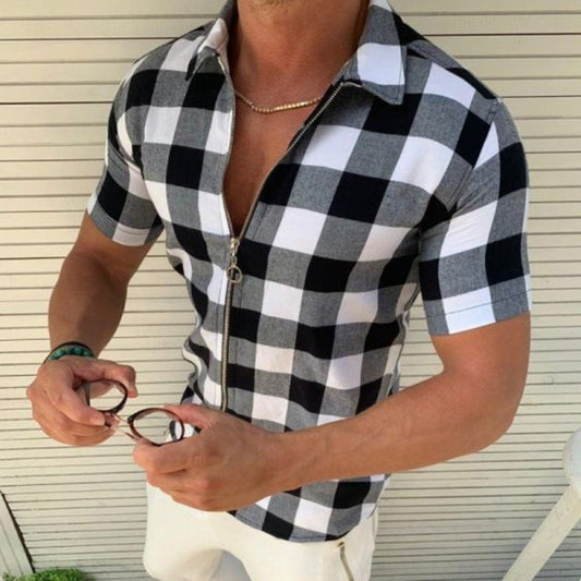 American Style New Retro Zipper Four Sided Elastic Grid Printed Top Men's Slim Fit Cardigan Casual Short Sleeved Shirt