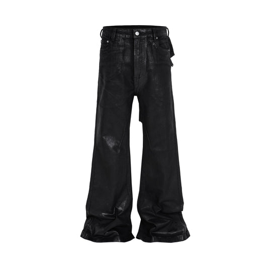 MIJKO Black Wax Leather Strecth Jeans for Men Women Baggy Flare Pants Oversized Straight Denim Trousers ZJ004