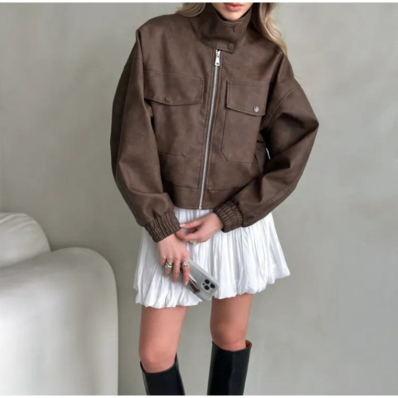 Full Sleeve Cropped Women Casual Slim Thin Motorcycle Coat Chic Zipper Lapel Wine Red Leather Jacket Lady New Highstreet Outwear