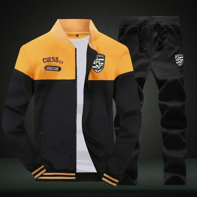 Winter Men's Sports Suit with Fleece and Warm Standing Collar Jacket+men's Drawstring Sports Pants Fashionable Printed Men's Set