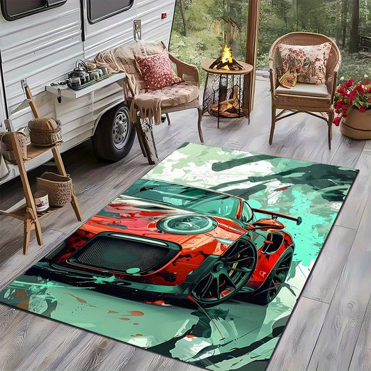 Vibrant Red Sports Car Racing Design Area Rug - For RV, Living Room, Bedroom, Picnic & Home Decor, Floor Mat