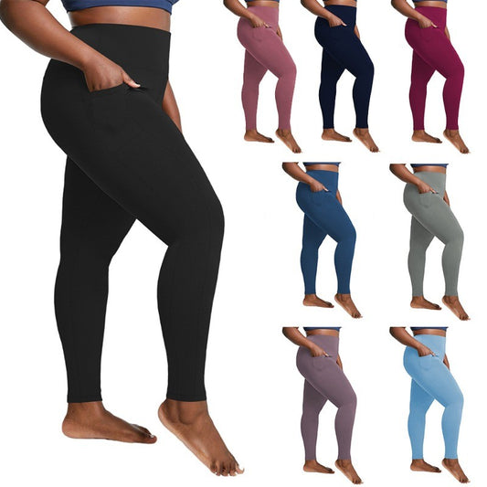 "Women's Plus Size High-Waisted Yoga Leggings with Pockets | Tummy Control Hip-Hugging Workout Solid Colors Tights for Gym