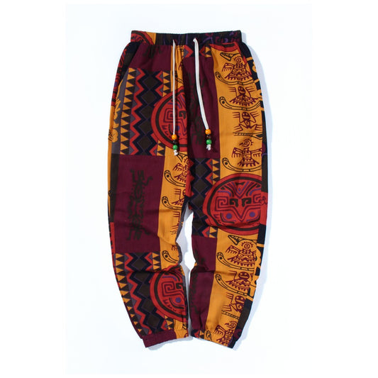Mens Boho Tribal Print Stretch Linen Pnats Cotton Blend Drawstring LightWeight Trousers with Pockets Summer Jogger Pants