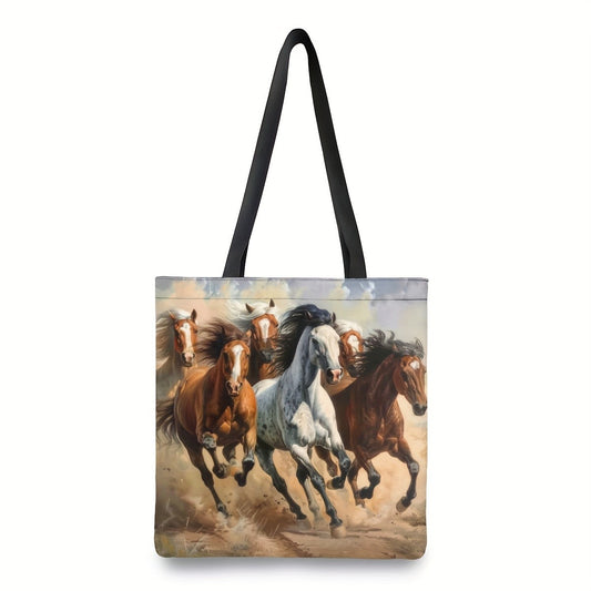 Dynamic Horse Print Tote Bag | 1pc | Linen | Large Capacity, Durable | Work, School, Shopping |40X40cm