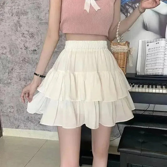 Pleated A-line Skirt White Women Ruffles Sweet Hottie Preppy Style Elastic Elast