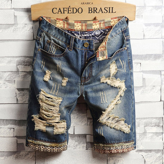 2023 Summer New Men Vintage Ripped Short Jeans Streetwear Hole Slim Denim Shorts Male Brand Clothes