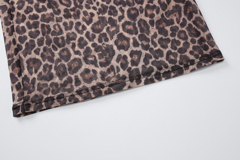 Hugcitar Leopard Print Mesh Long Sleeve Sexy Slim See Through Maxi Dress Fall W