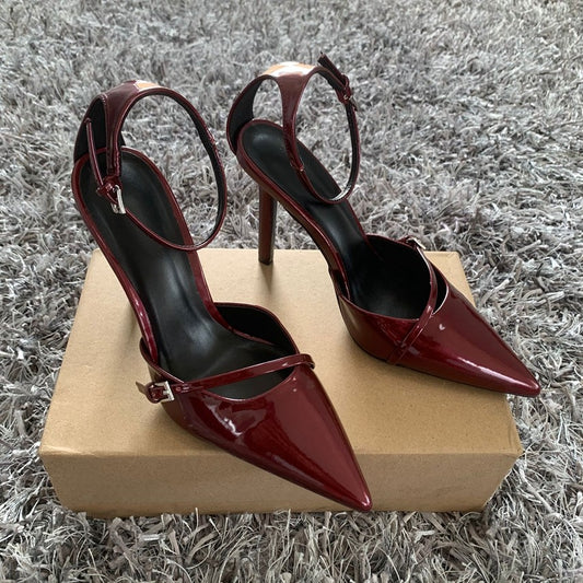 Sexy Pointed Toe High Heel Women Shoes Elegant Ankle Strap Patent Leather Stilettos Luxury Prom Weddings Bridal Pumps for Ladies