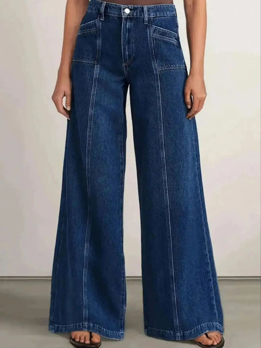 "Women’s Deep Blue Wide Leg Jeans - Stylish Denim Trousers for Comfort and Versatility