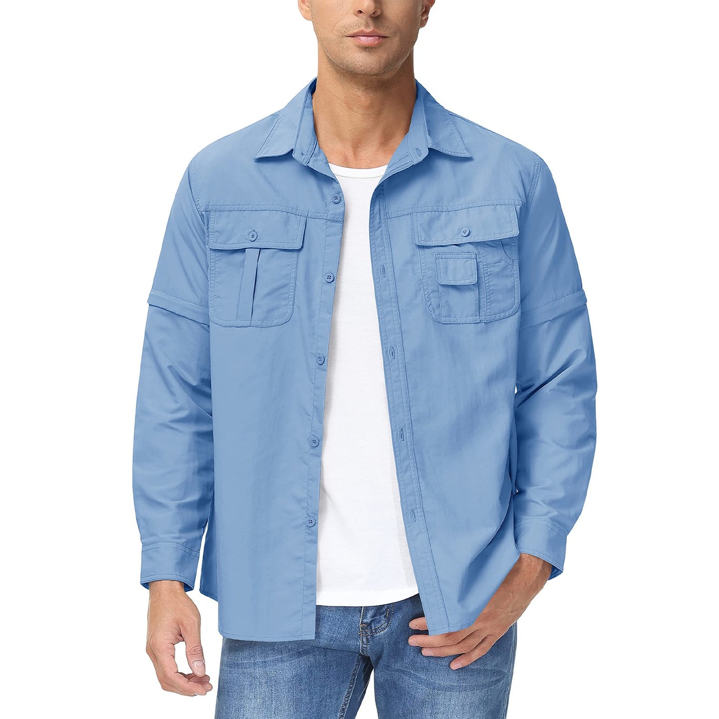 TACVASEN Summer Quick Dry Long Sleeve Cargo Work Shirts with Pockets Mens Safari Hiking Shirts Button Down Shirts Clothes Males