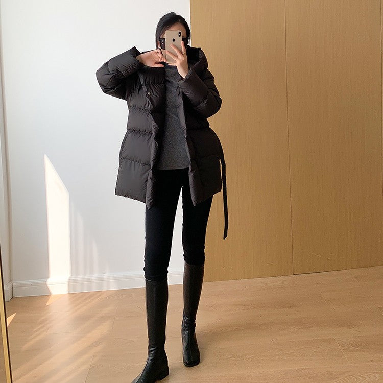 2025 Winter Women's Down Jackets Ultra Light Warm Cusual Coat Female Puffer Jacket With Belt Plus Size Hooded Short Parka