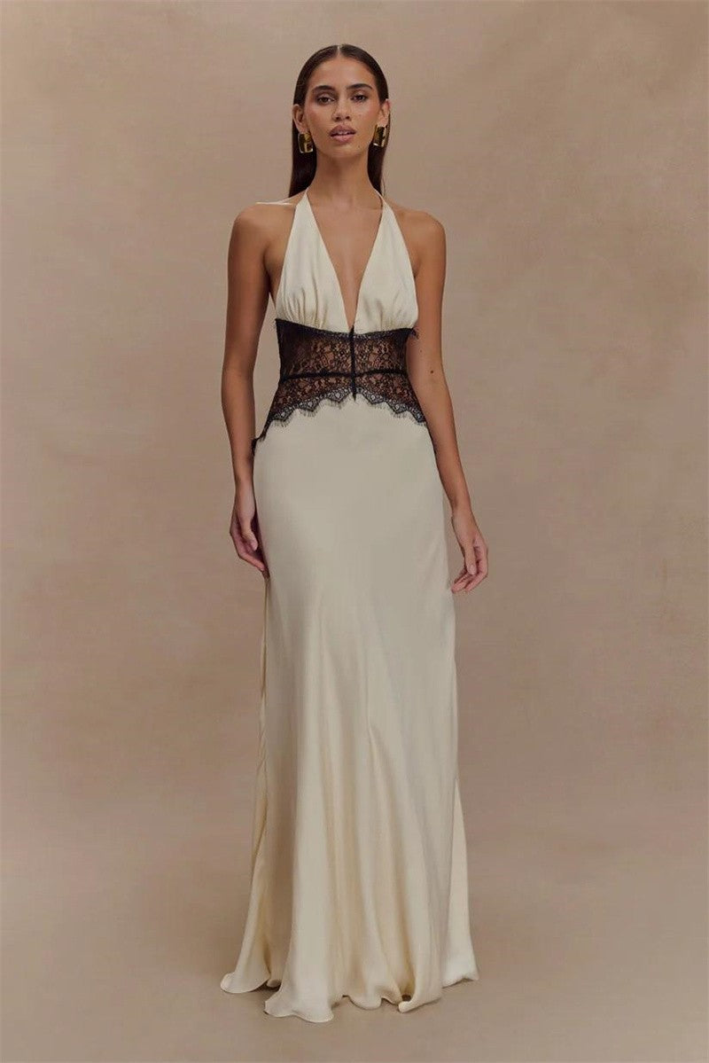 Mozision Summer Backless Sexy Maxi Dress Women Gown Patchwork Lace Halter Deep V