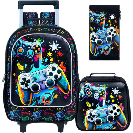 Rolling Backpack for Boys, 3PCS Kids Roller Bookbag with Lunch Bag, Wheeled School Bag for Children - Game Console
