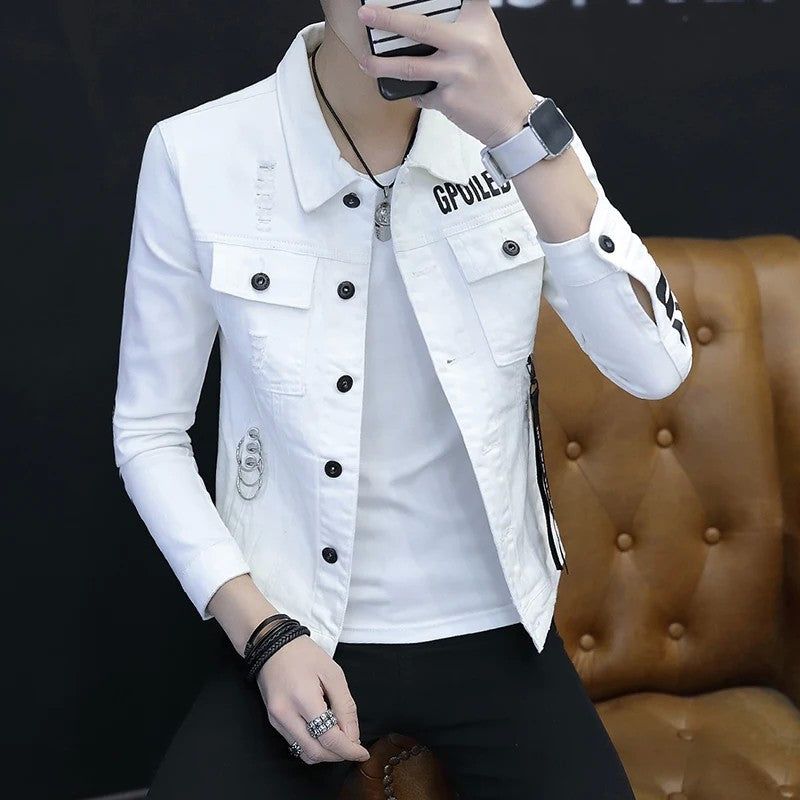 spring autumn New Men's Casual Cotton Denim Jacket Classic Style Fashion Slim Washed Retro Letter printing Jean Casual Coats