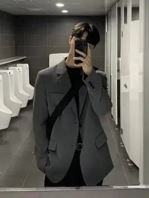 Korean Men's Casual Blazer Western-style Loose-fit Black Single-breasted Jacket Autumn Trendy Dongdaemun Style Clothes