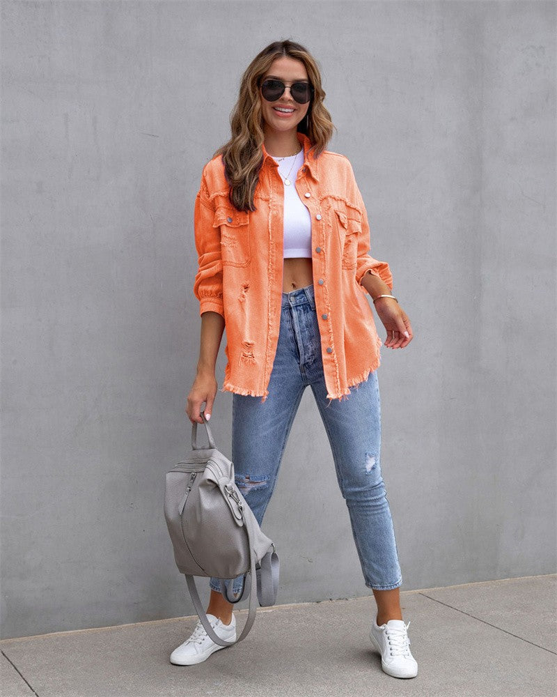2023 Holes Raw-edges Denim Jacket Women Spring Autumn Shirt Style Jeancoat Casual Top Rose-Red Orange Purple Outerwear Lady Coat