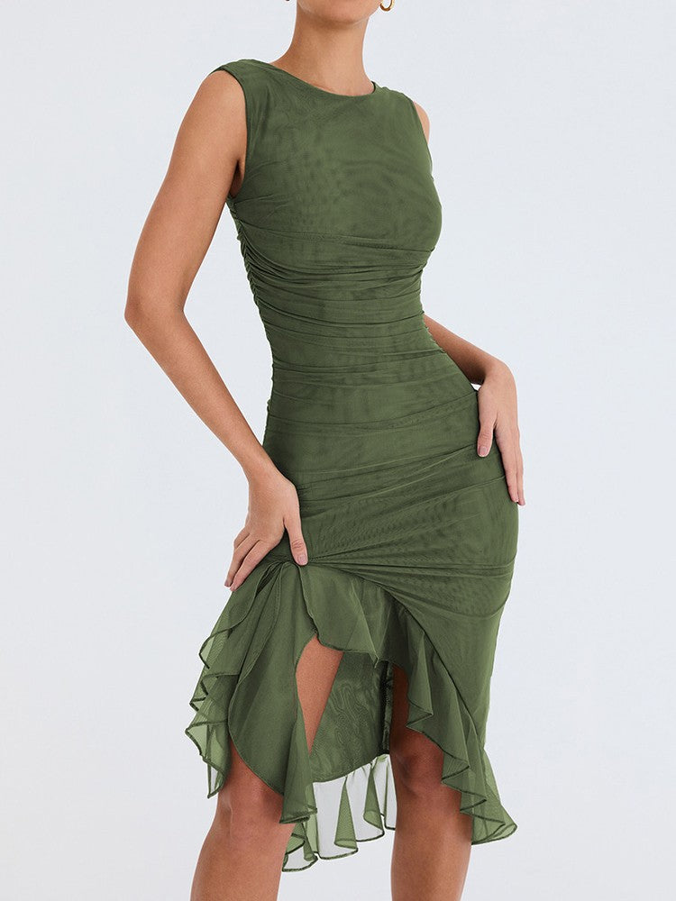 Mozision Elegant Ruffle Ruched Midi Dress For Women Robe Summer New Backless Sle