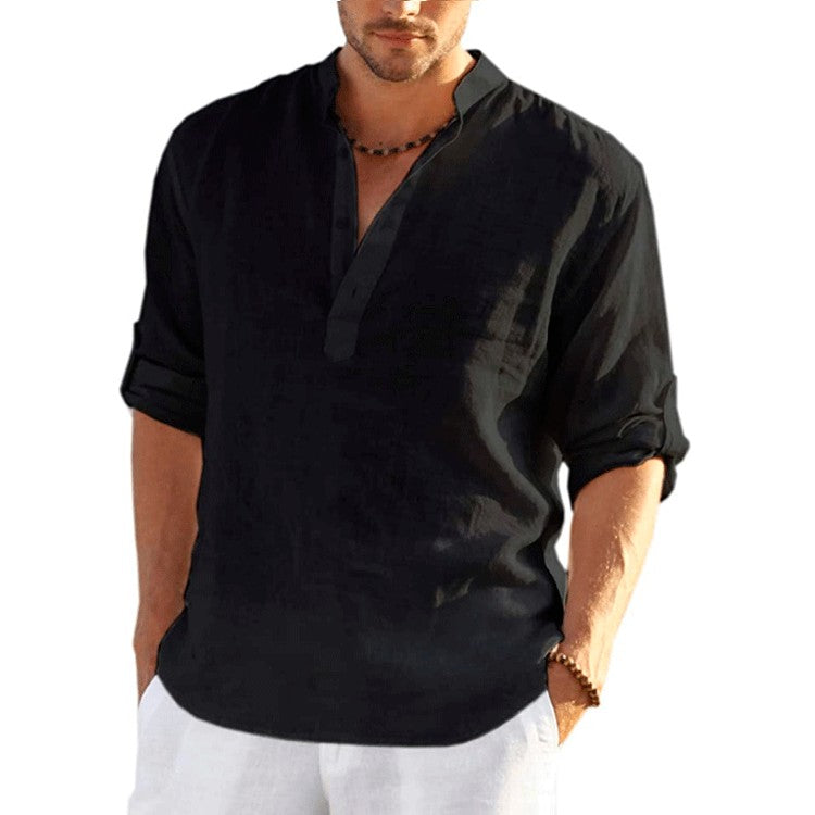 8 Colors!2023 New Linen Shirt Men Brief Breathable Comfy Solid Color Long Sleeve Loose Harajuku Casual Blouse Hawaiian Shirts
