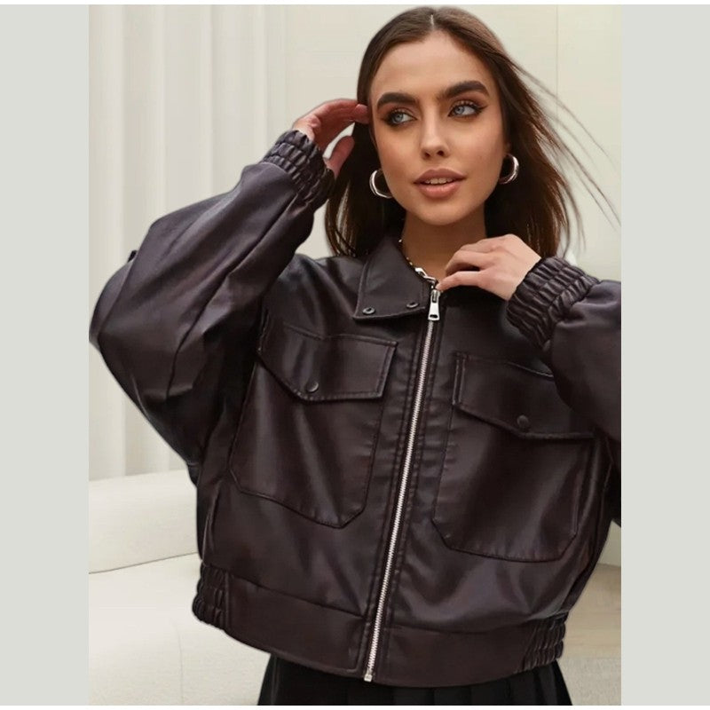 Full Sleeve Cropped Women Casual Slim Thin Motorcycle Coat Chic Zipper Lapel Wine Red Leather Jacket Lady New Highstreet Outwear