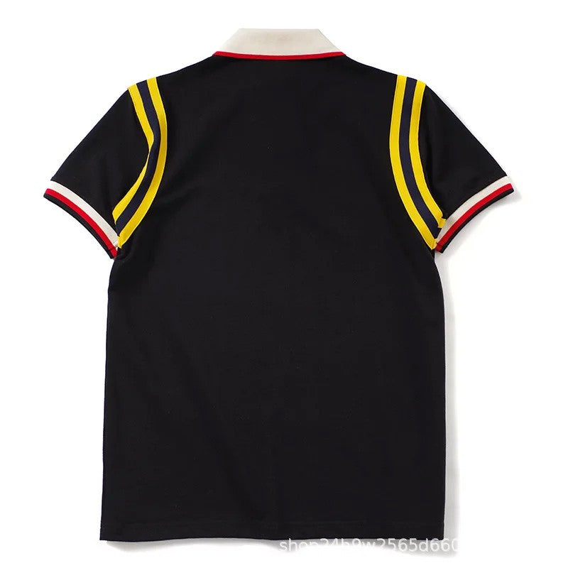 Trendy Gg European American Style Embroidered Small Bee Black Short Sleeve Stand Collar T-shirt Loose Fit Polo Shirt