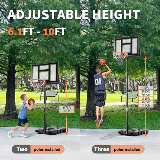 10FT Adjustable Height Portable Basketball Hoop Outdoor for Adult, 44 Inch Shatterproof Backboard w/Shock Absorbent Rim