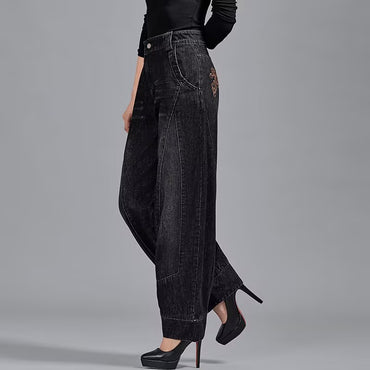 Autumn Winter High Waisted Women Jeans Casual Loose Embroidery Bloomers Trousers Female Fashion Wide Leg Denim Pants Blue