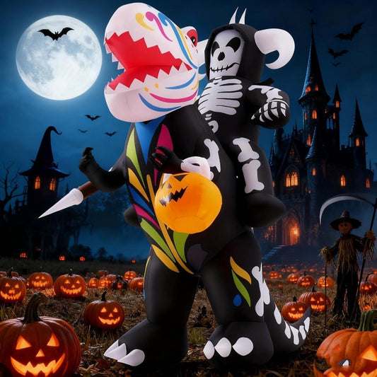 8FT Halloween Inflatable Blow Up Decorations Skeleton Knight Riding Dinosaur with Builtin LEDs for Holiday Party Garden Lawn Ya