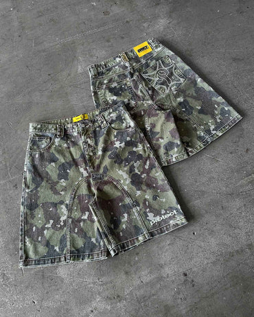 Retro Leaves Camouflage Denim Shorts Y2K Jeans Men Hip Hop Lettering Embroidery Retro Baggy Shorts Low Waist Over The Knee Pants