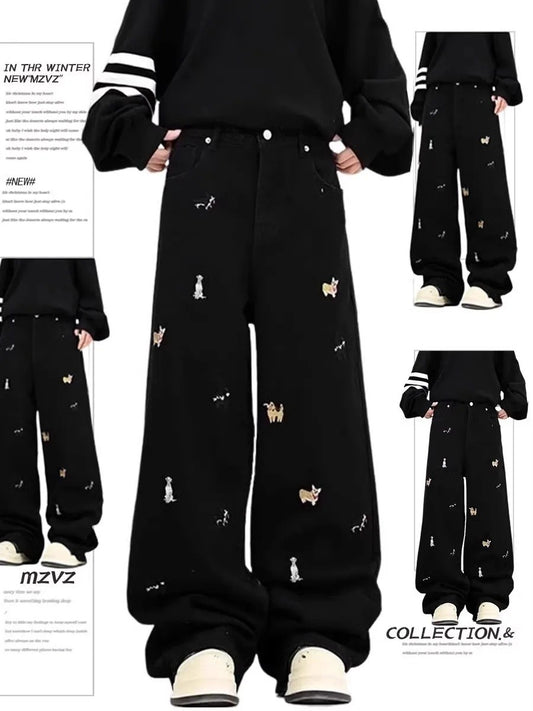 Plus Size Women's Black Dog Embroidery Loose Wide Leg Jeans High Waist Straight Cut Slimming Denim Pants Spring Autumn