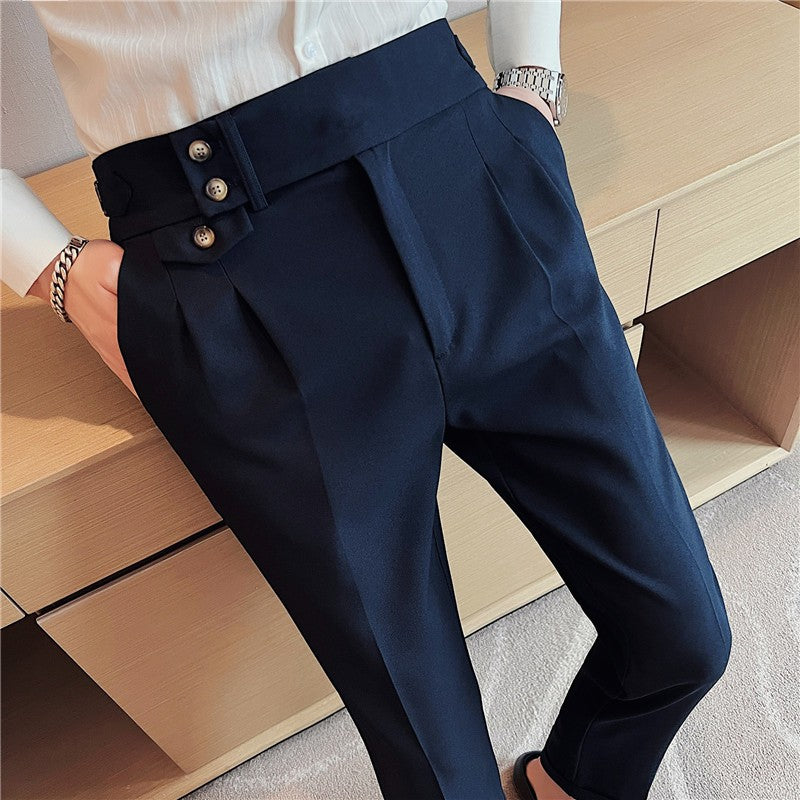 British Style Spring New Solid Business Casual Suit Pants High Waist Button Men Formal Pants High Quality Slim Office Trousers