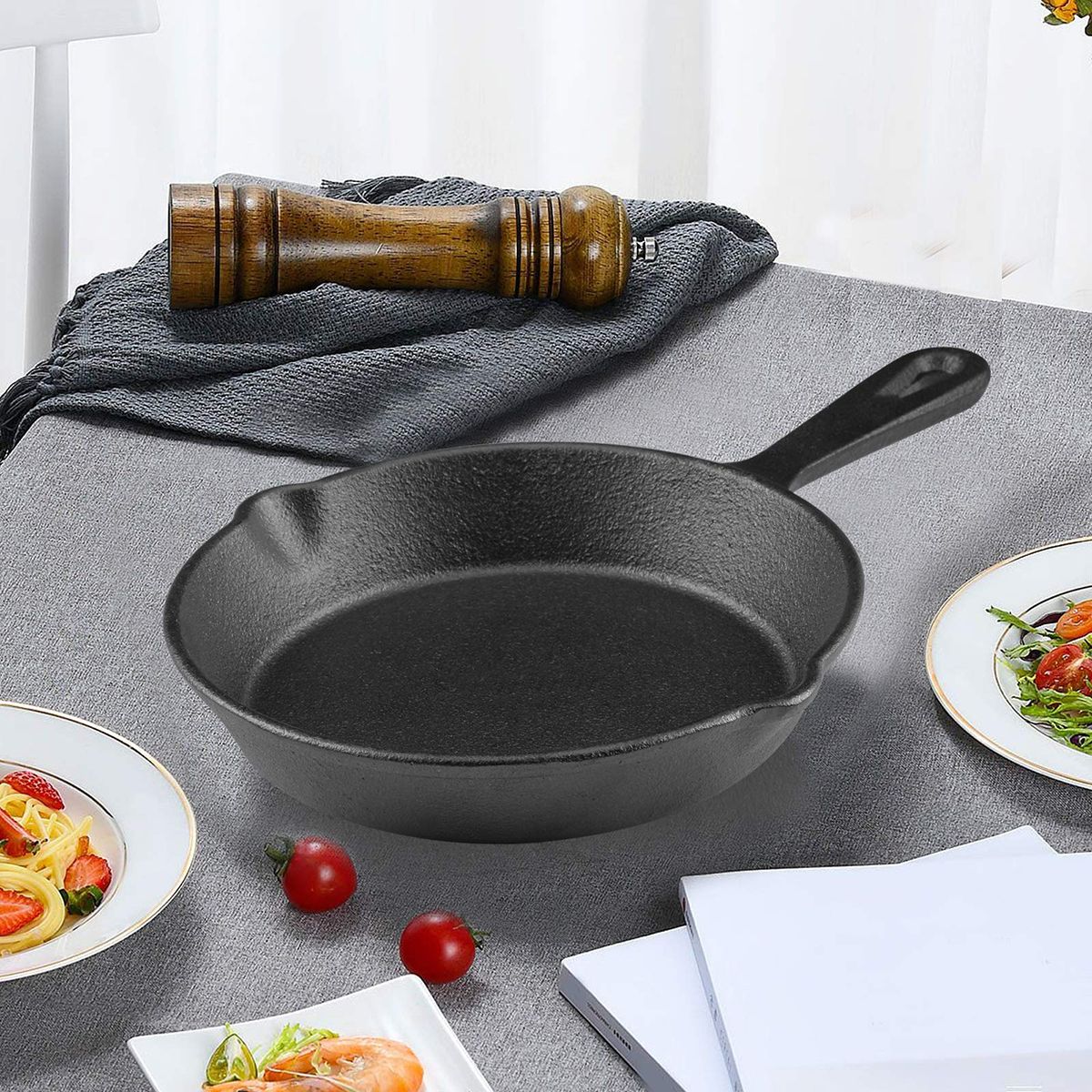 Frigideira de Ferro Fundido com Bico Antigotejamento Pré-Temperada, Utensílio de Cozinha Seguro para Forno, Acampamento, Uso Interno e Externo
