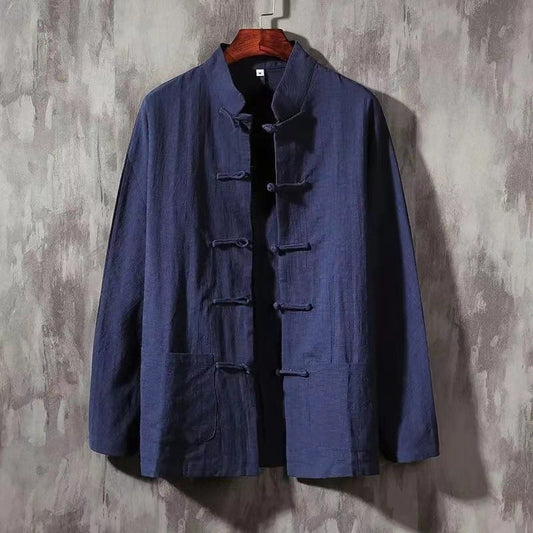 XXXXXL Plus Size Men Cotton Linen Shier Autumn Spring Men Collarless Long Sleeve Frog Button Loose Blouse Tops Oversized M-5XL