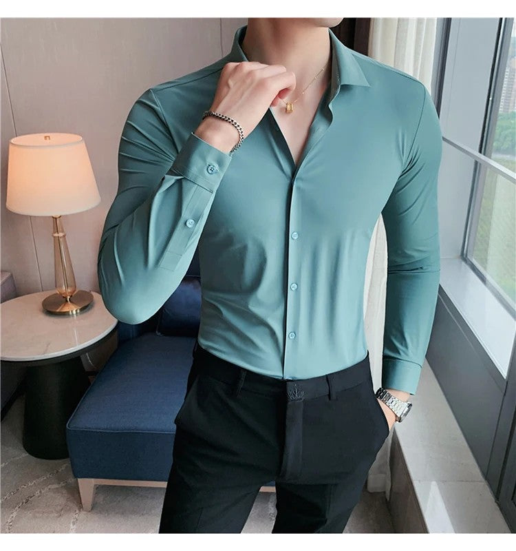 Men's Long Sleeved Elastic Shirt No Ironing Business Wear Professional Workwear Stand Up Collar Shirt Casual Solid Color Shirt
