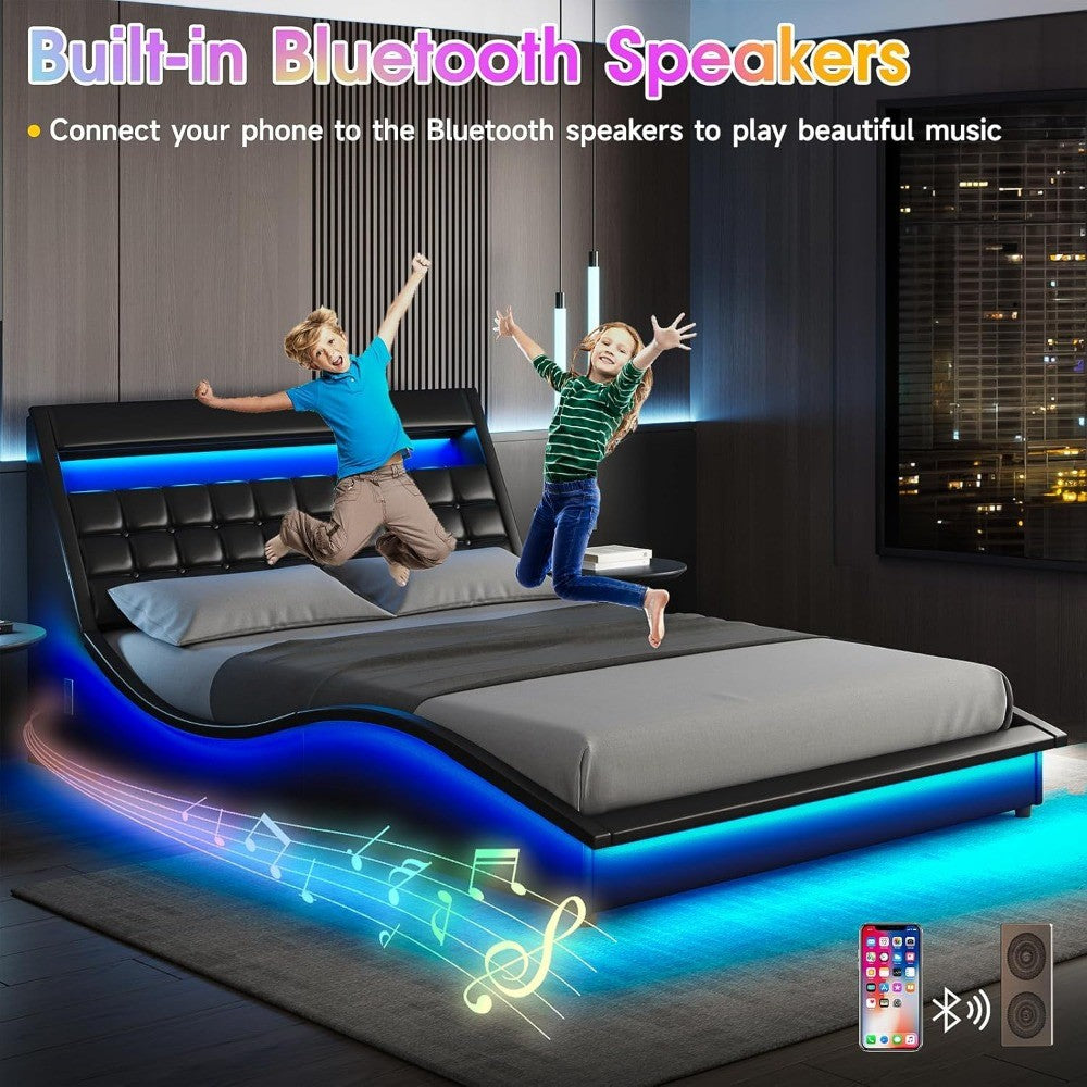 Queen Size LED Bed Frame with Bluetooth Speaker, PU Leather Upholstered Platform Bed Frame with Charging Station, Modern