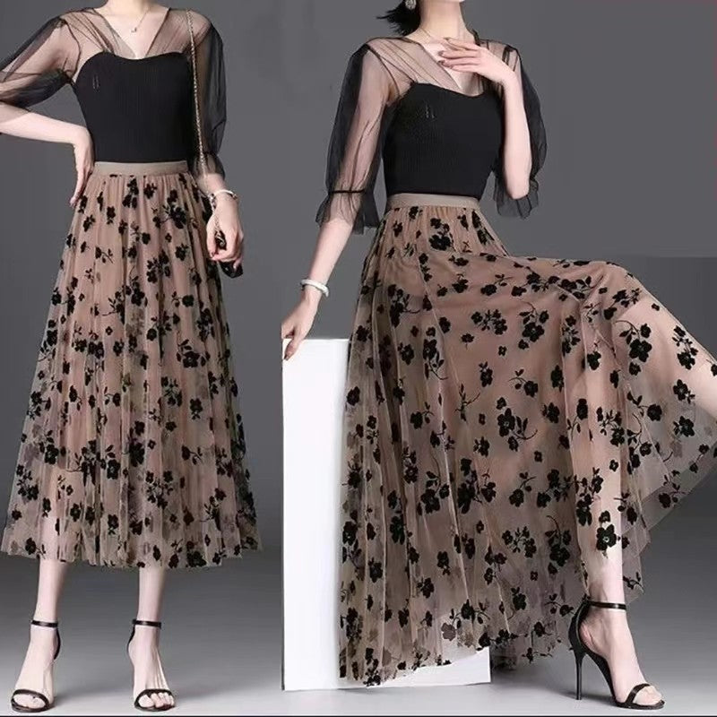 Korean Women Tulle Skirt Fashion Summer Hook Floral Loose Midi Skirt Elegant Fem